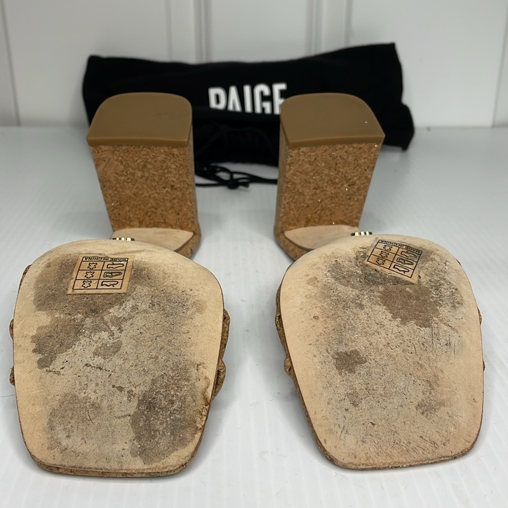 Paige Becca Block Heel Sandal Size 8 Tan Knot Strap Upper Gold Specs - Picture 10 of 14